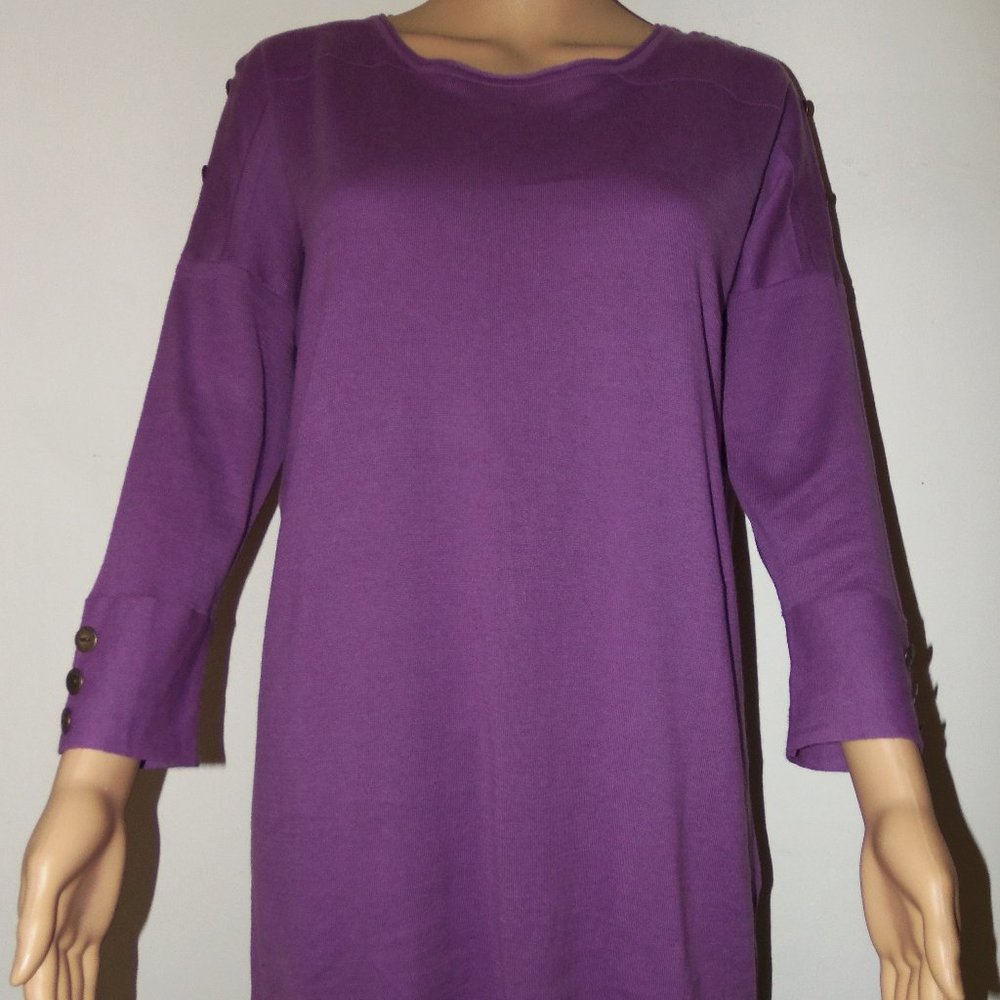 Simply Noelle Brass Button Cotton Knit 3/4 Sleeve Tunic Top - HEATHER PURPLE